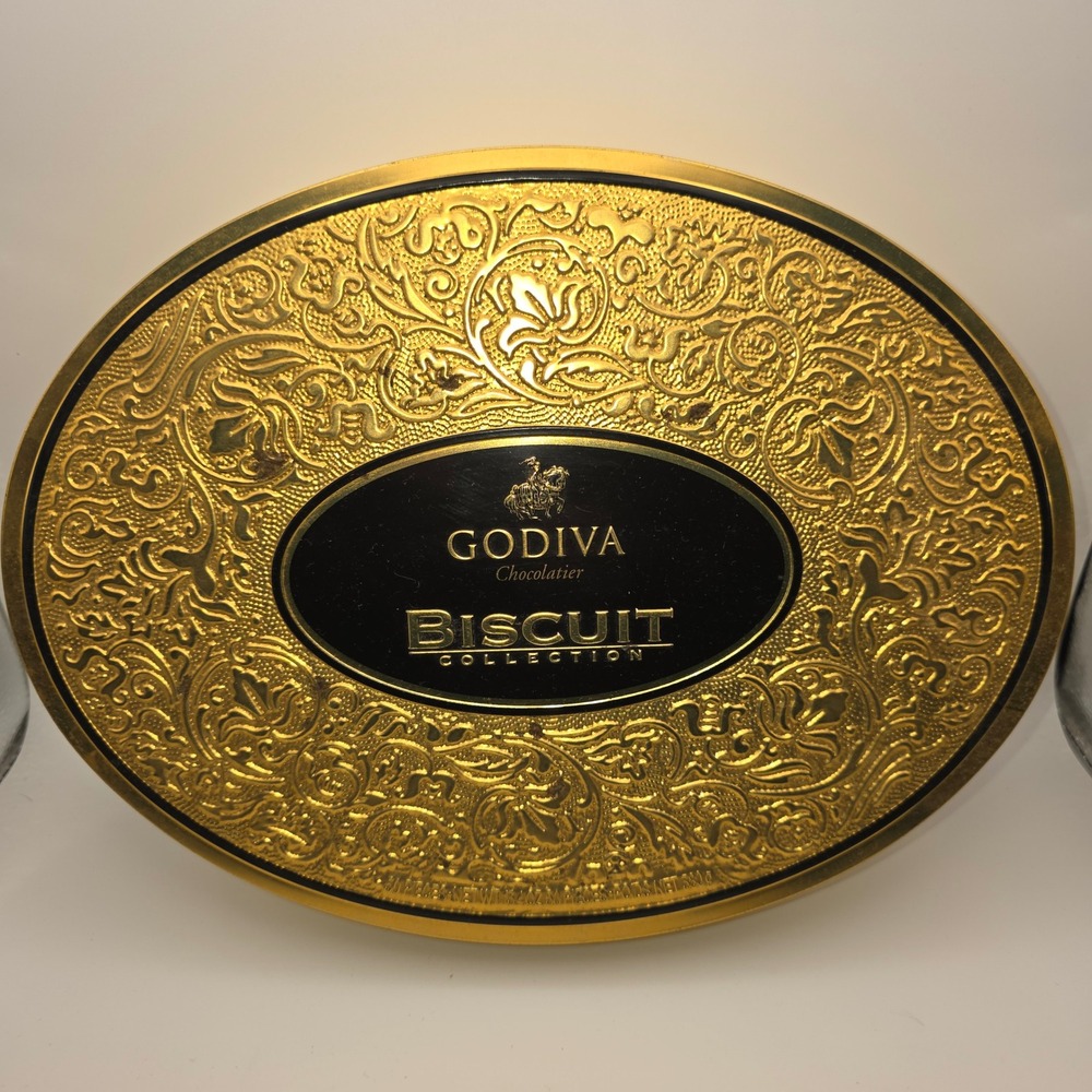Vtg Godiva Chocolatier Biscuit Collection Gold Embossed Filigree Metal Tin Box